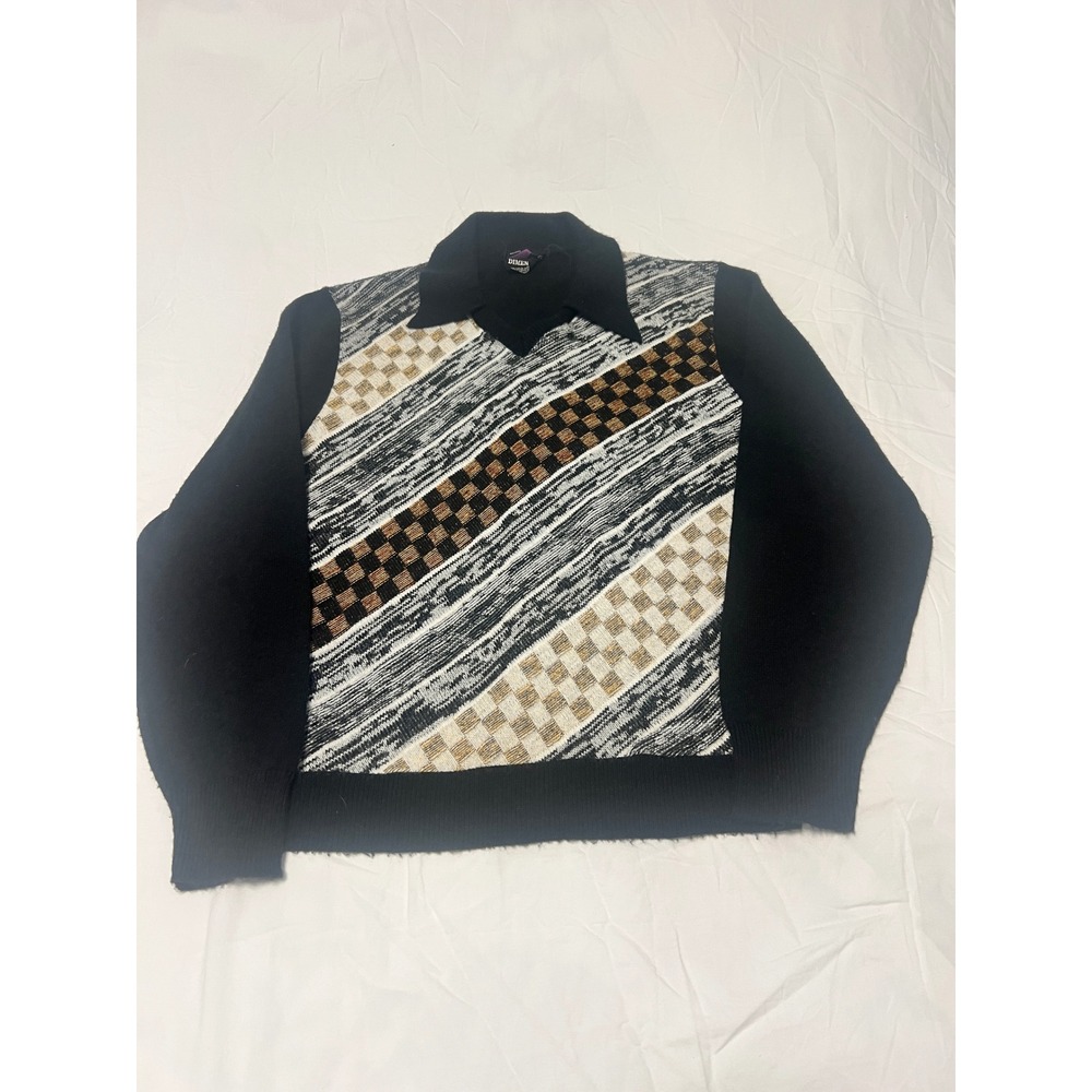 Vintage Dimension by Milford Mens Large Black Geometric Checkered Knit Sweater L